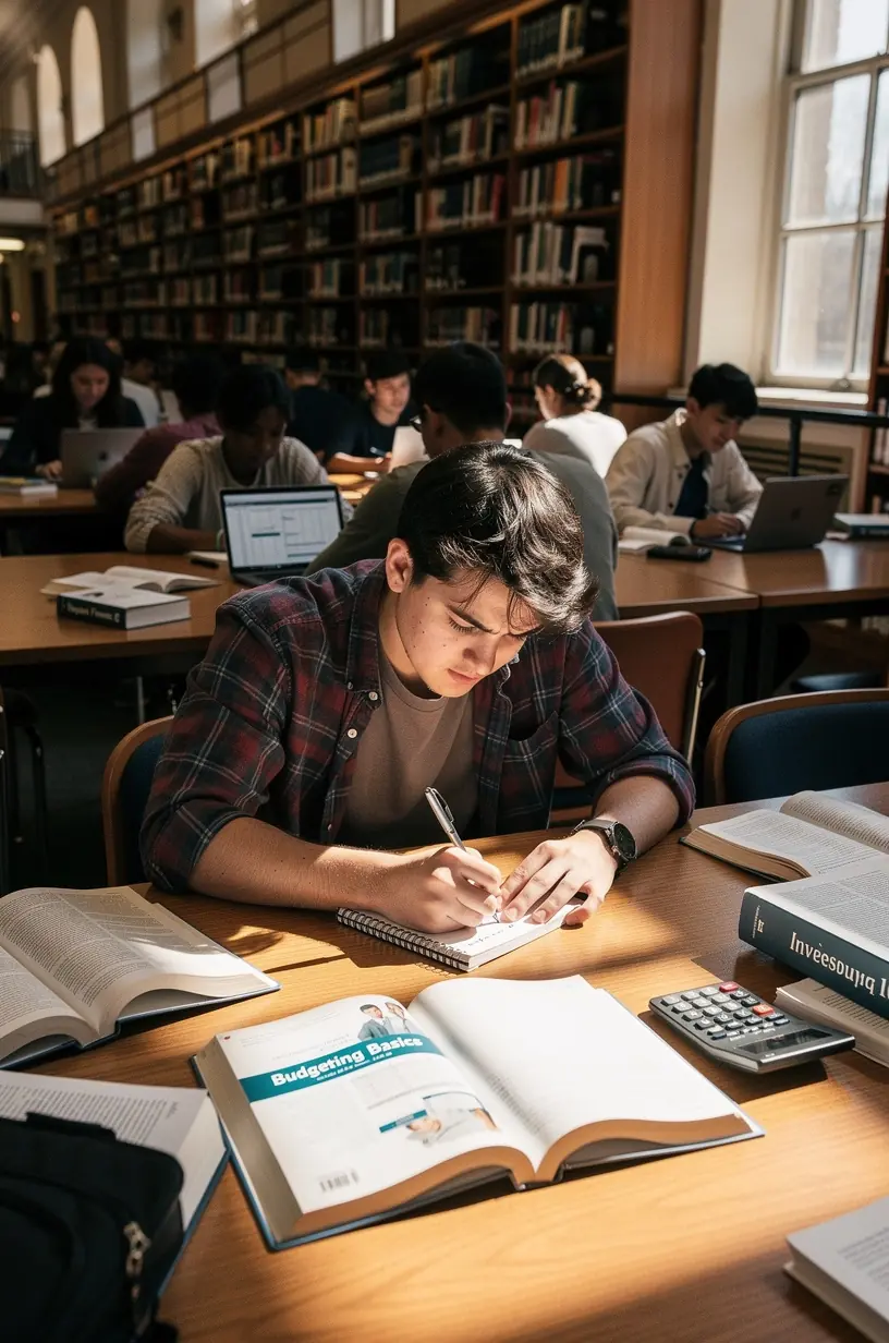 Színes, jól strukturált pénzügyi tervező füzet egy diák asztalán, amely segíti a költségvetés kialakítását.